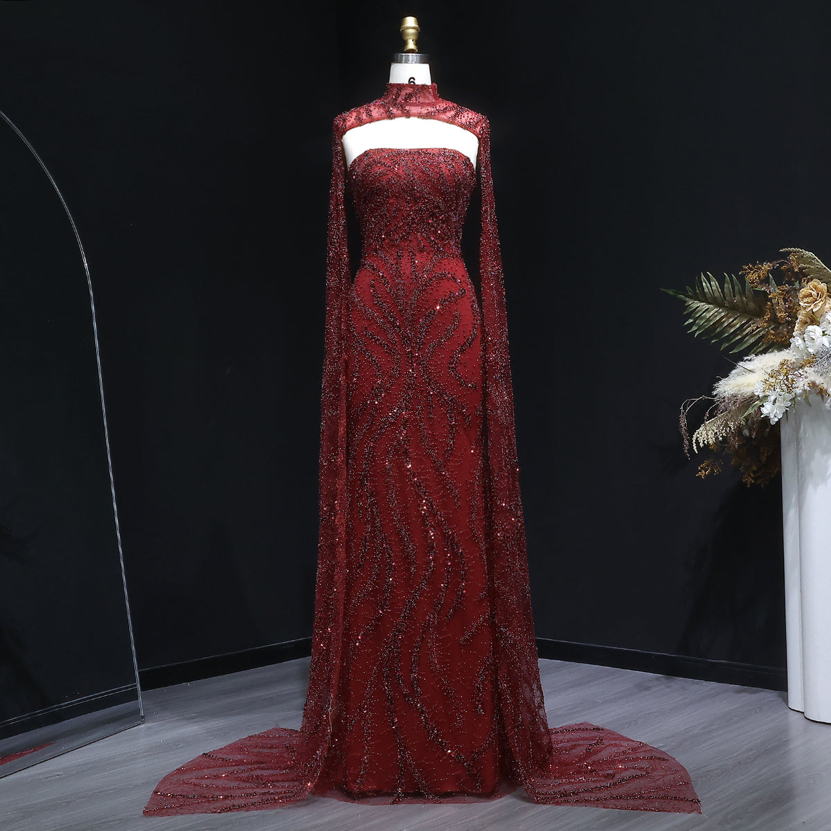 Luxury Wine Red High Neck Cape Beaded Sequin Evening Dress