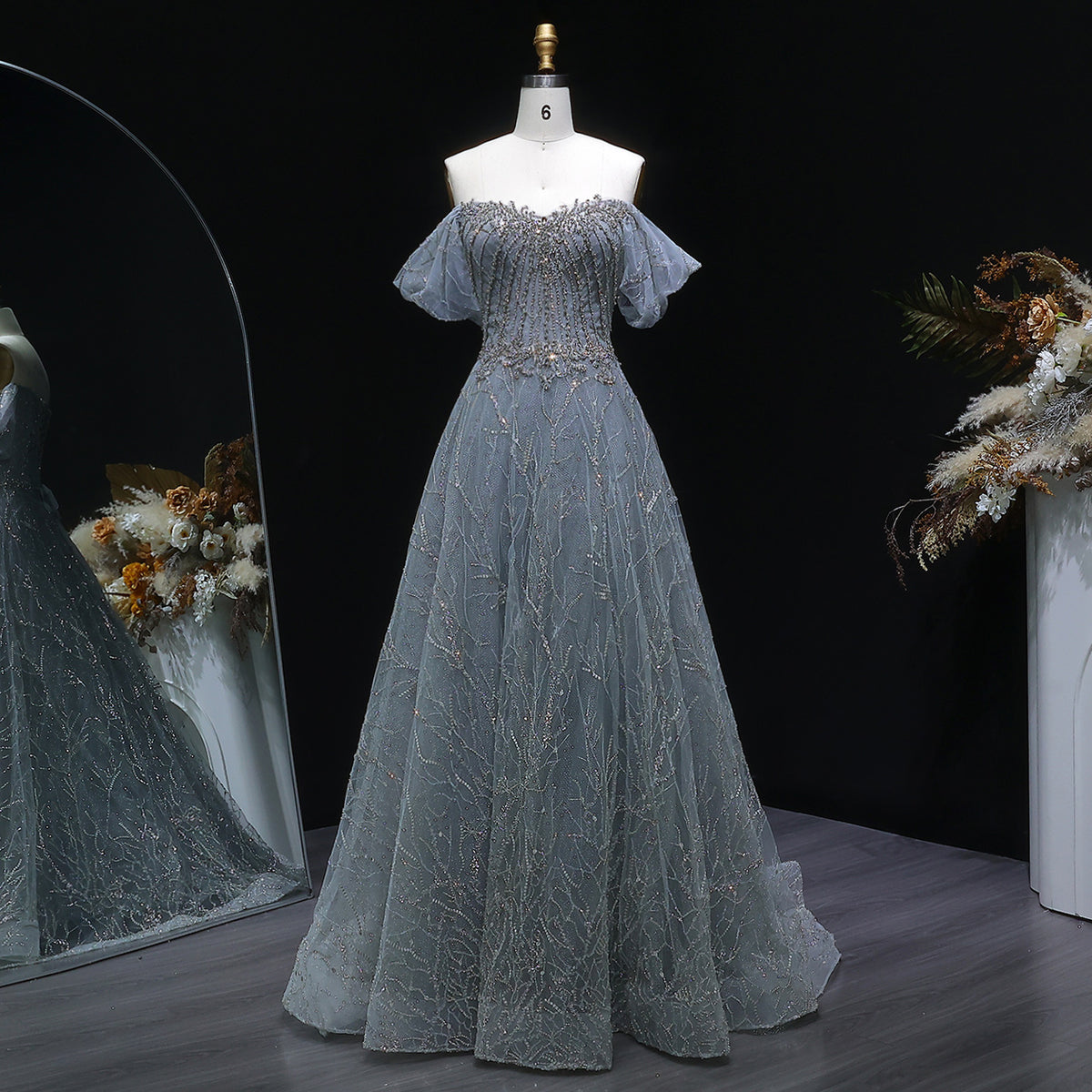Exquisite Gray Off Shoulder Corset Beaded Evening Dress