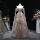 Luxury Rose Gold Off Shoulder Cape Beaded Evening Dress