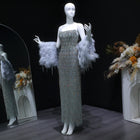Luxury Silver Gray Beaded Feather Strapless Evening Dress