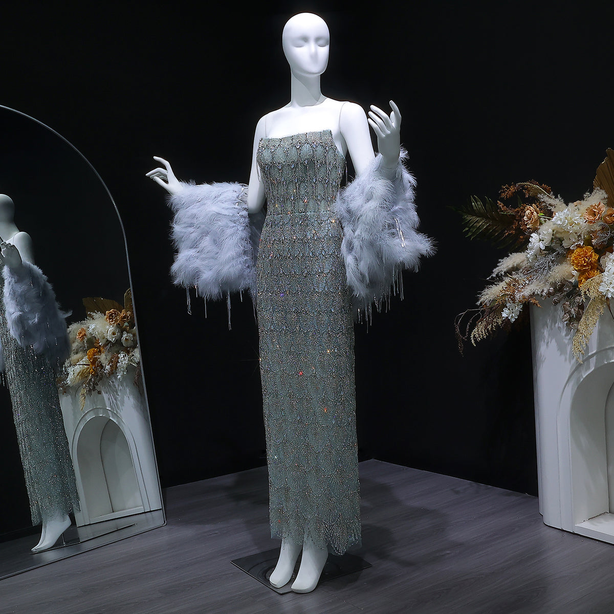 Luxury Silver Gray Beaded Feather Strapless Evening Dress