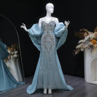 Luxury Blue Strap Puff Sleeve Beaded Evening Dress