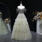 Luxury Beige Off Shoulder Crystal Fringe Corset Evening Dress