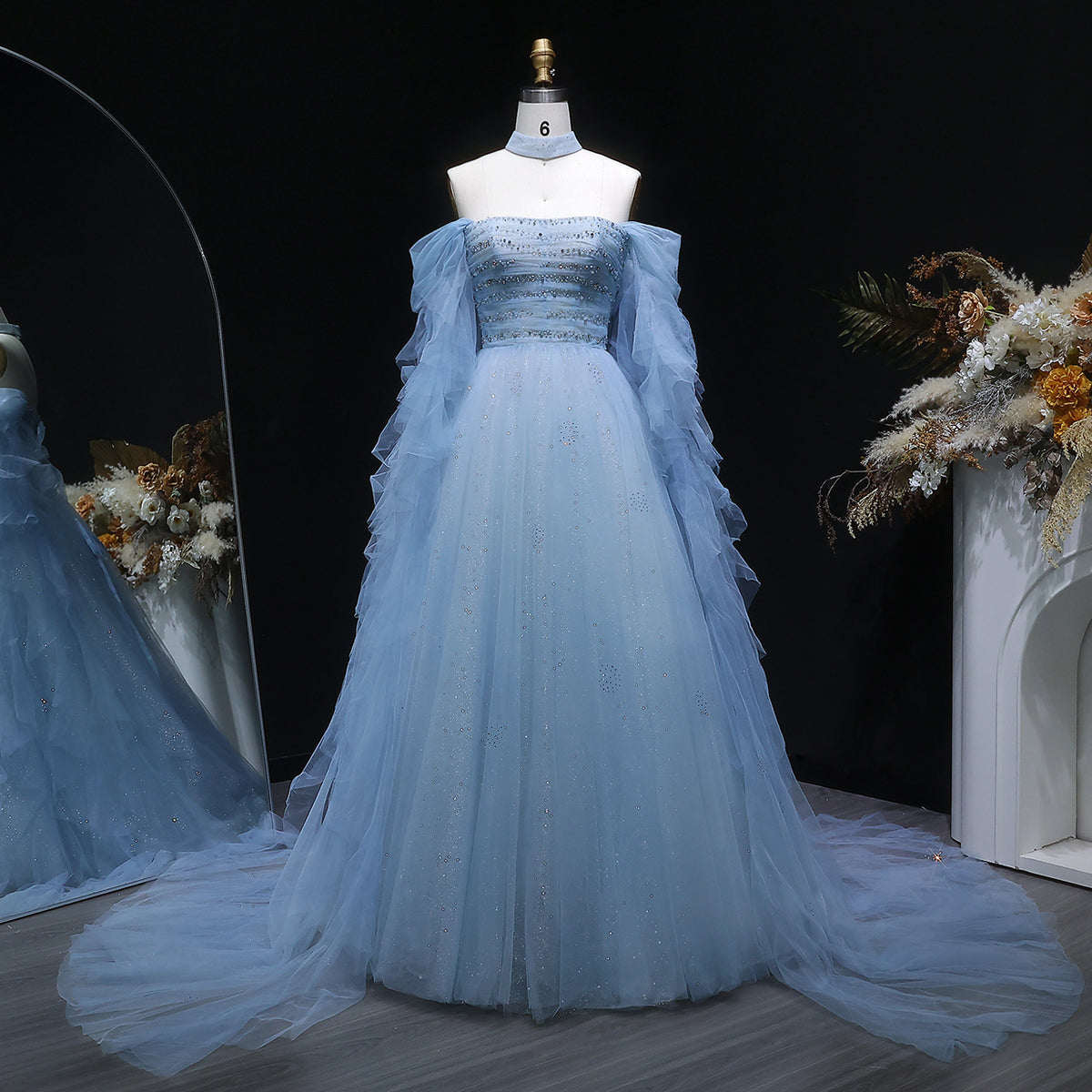 Blue Off-Shoulder Ruffled Beaded Tulle Evening Dress