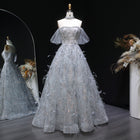 Luxury Gray Sweetheart Puff Sleeve Feather Evening Dress
