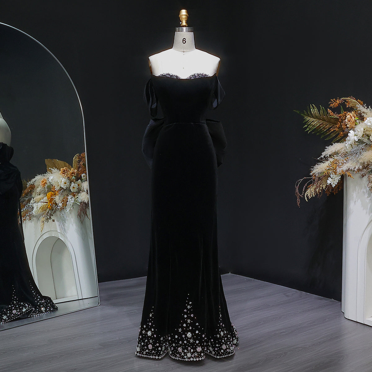 Black Velvet Off Shoulder Bow Beaded Evening Dress