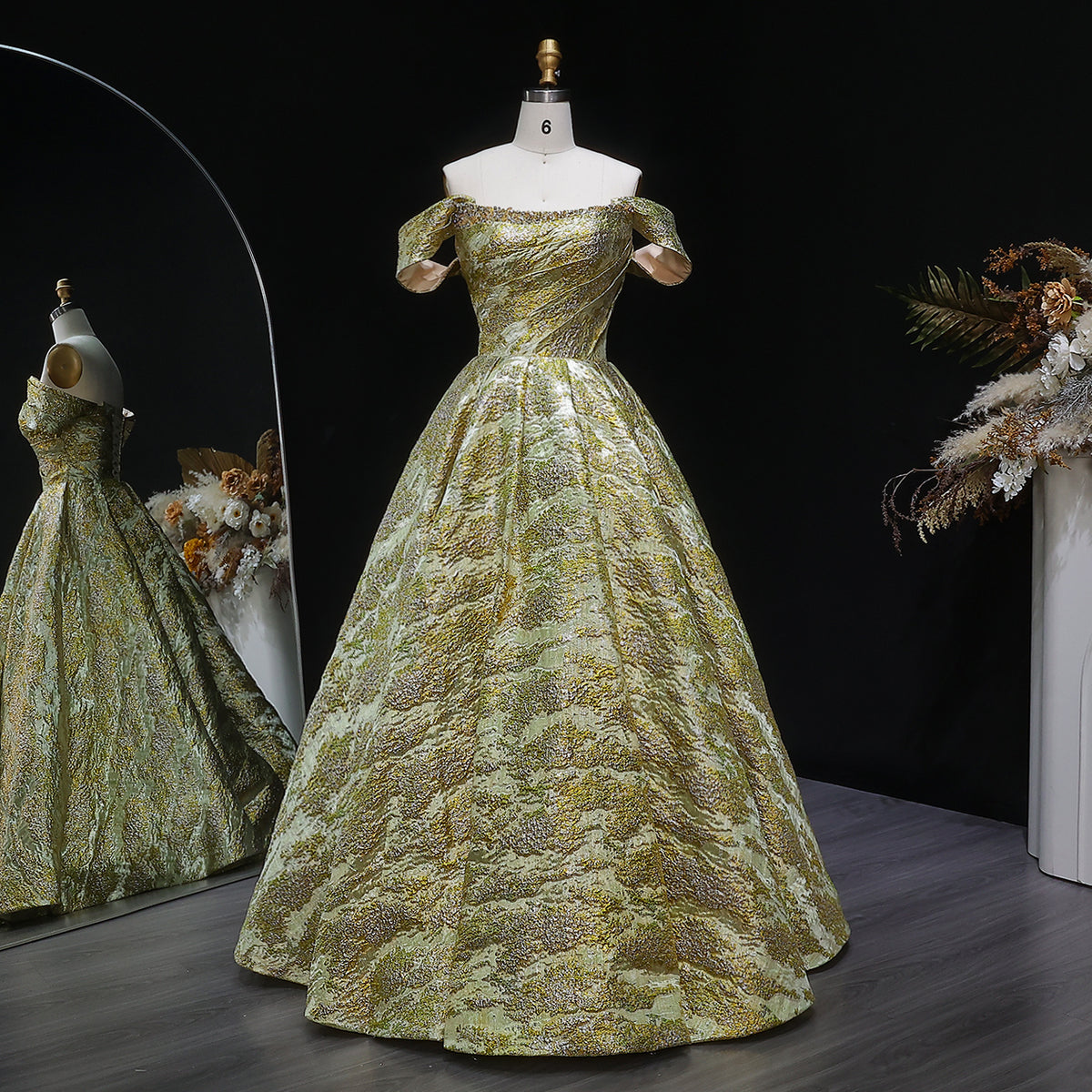 Luxury Gold Off Shoulder Brocade Corset Evening Dress