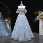 Exquisite Blue Halter Puff Sleeve 3D Floral Evening Dress