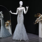 Silver Gray Halter Fringe Ruffled Tulle Evening Dress