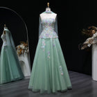 Elegant Sage Green Floral Applique Evening Dress with Scarf SS755