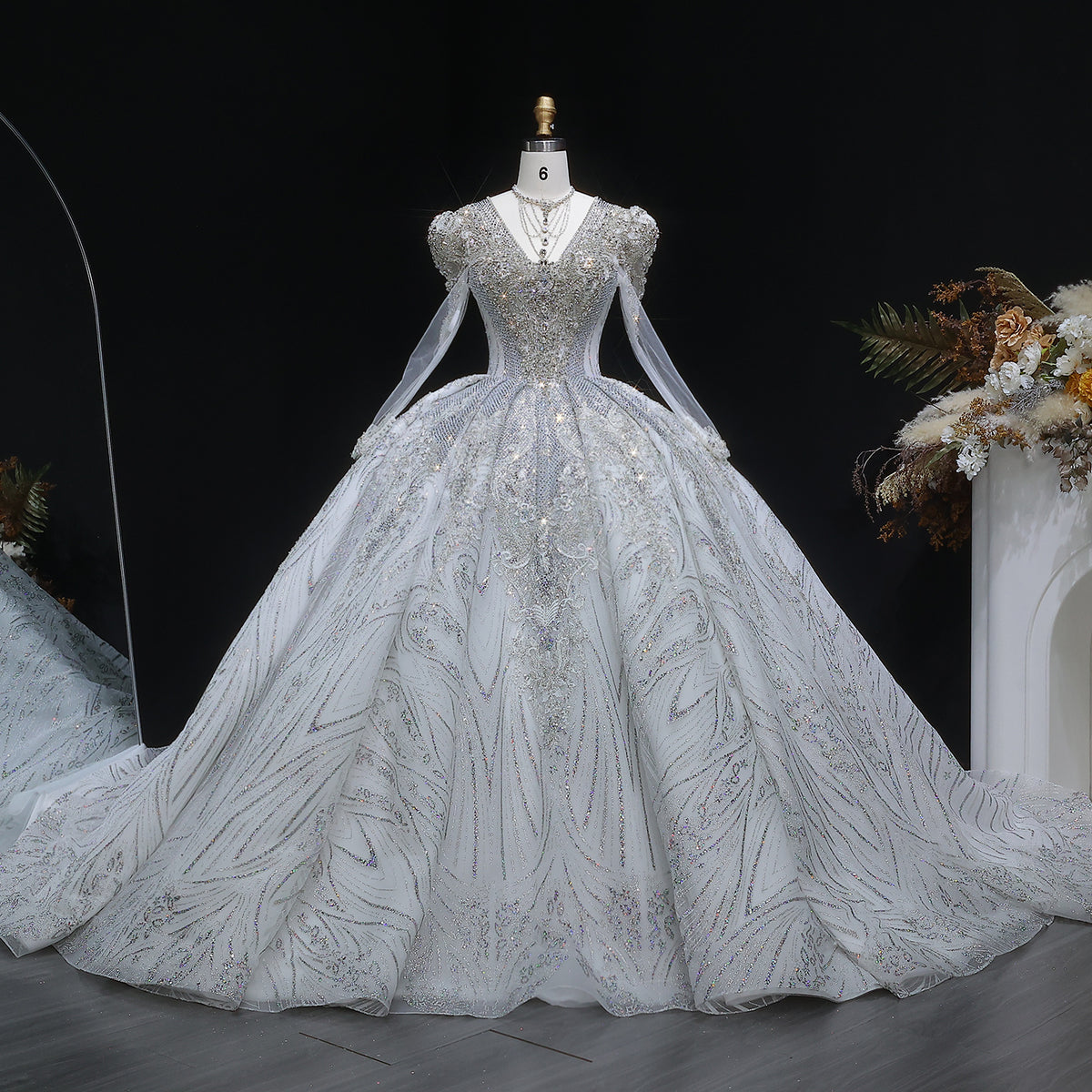 Glamorous White Diamond Embroidery Long Sleeve Wedding Dress SW603