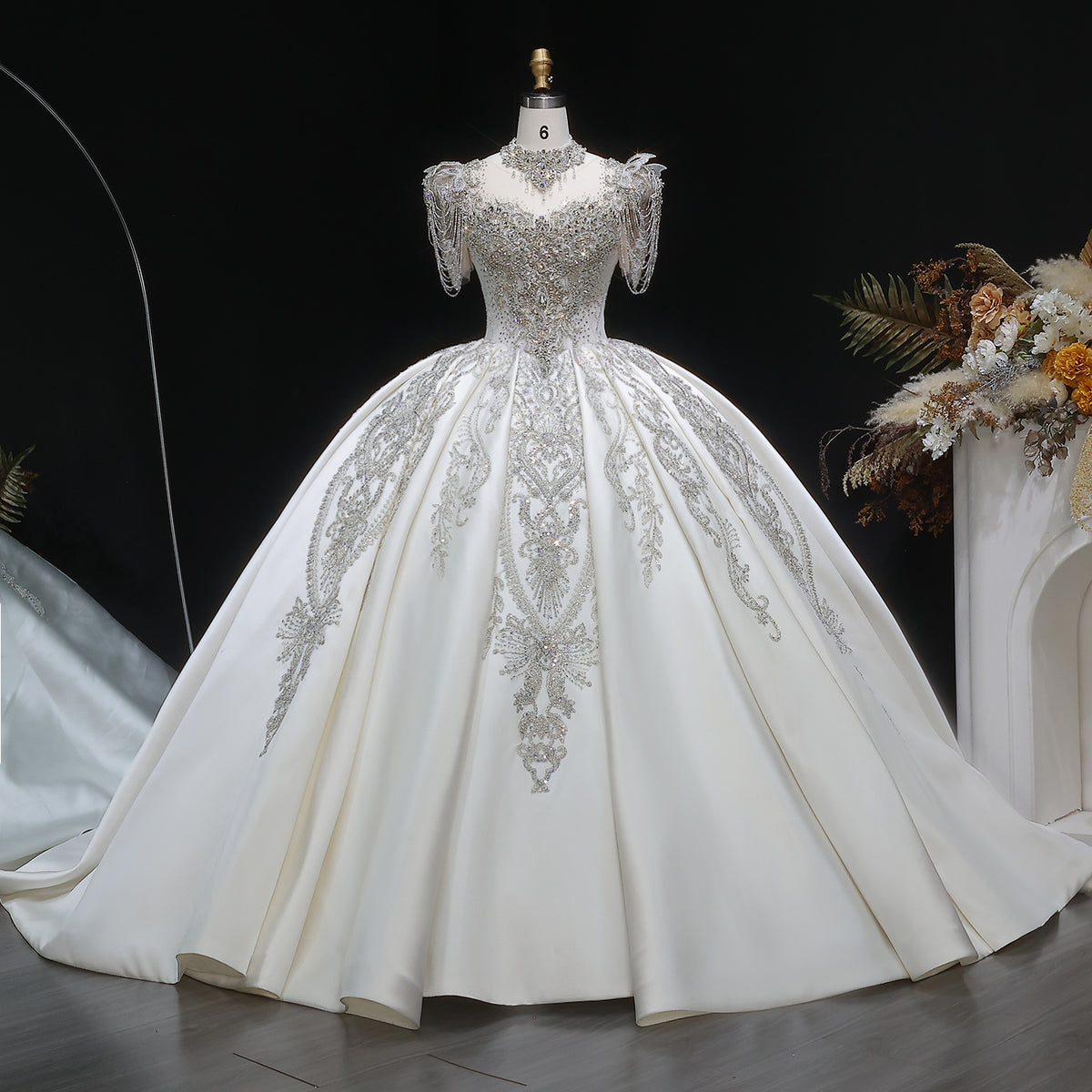 Luxury Ivory Satin Silver Floral Embroidery Ball Gown Wedding Dress SW605