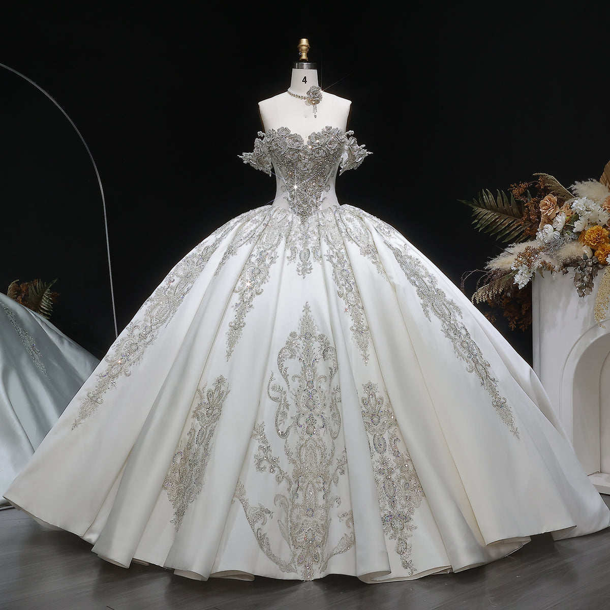 Luxury Ivory Satin Silver Embroidery Ball Gown Wedding Dress SW606