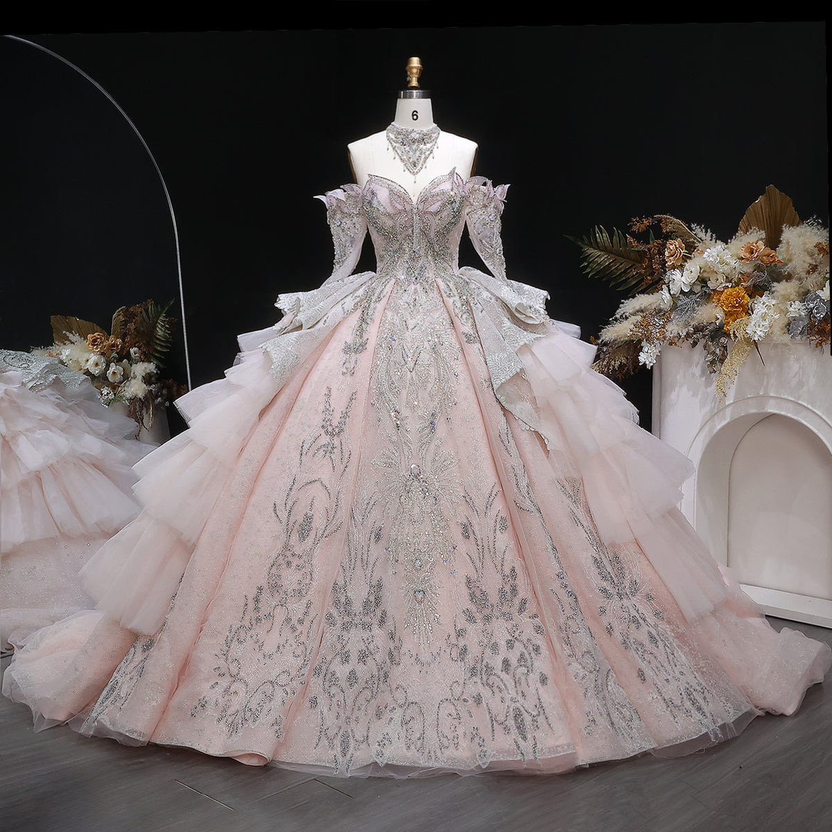 Embroidered Puff Sleeve Ball Gown Wedding Dress SW608