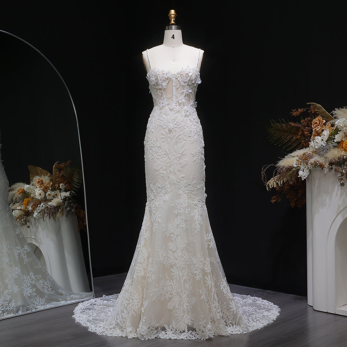 Chic Spaghetti-Strap Sequins 3D Floral Mermaid Wedding Dress SW632
