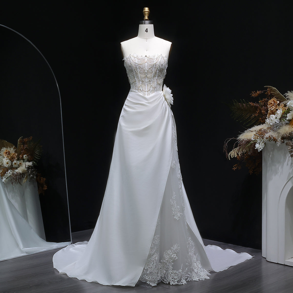 Elegant Strapless 3D Floral Pearl A-Line Wedding Dress SW634