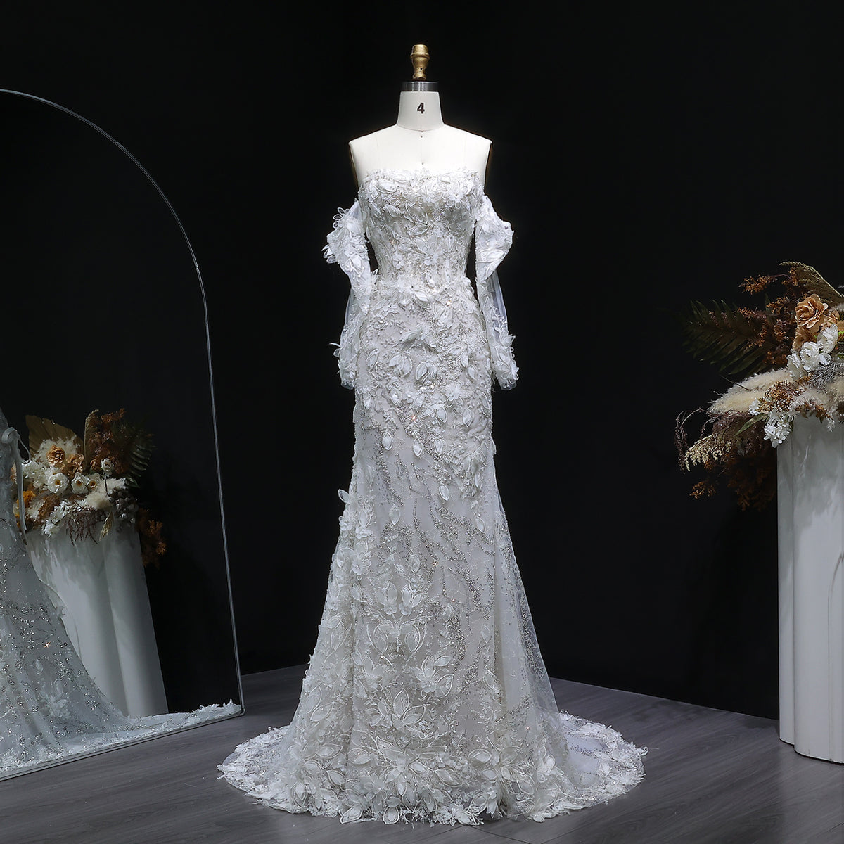Glamorous Pearl Off-Shoulder 3D Floral Mermaid Wedding Dress SW635