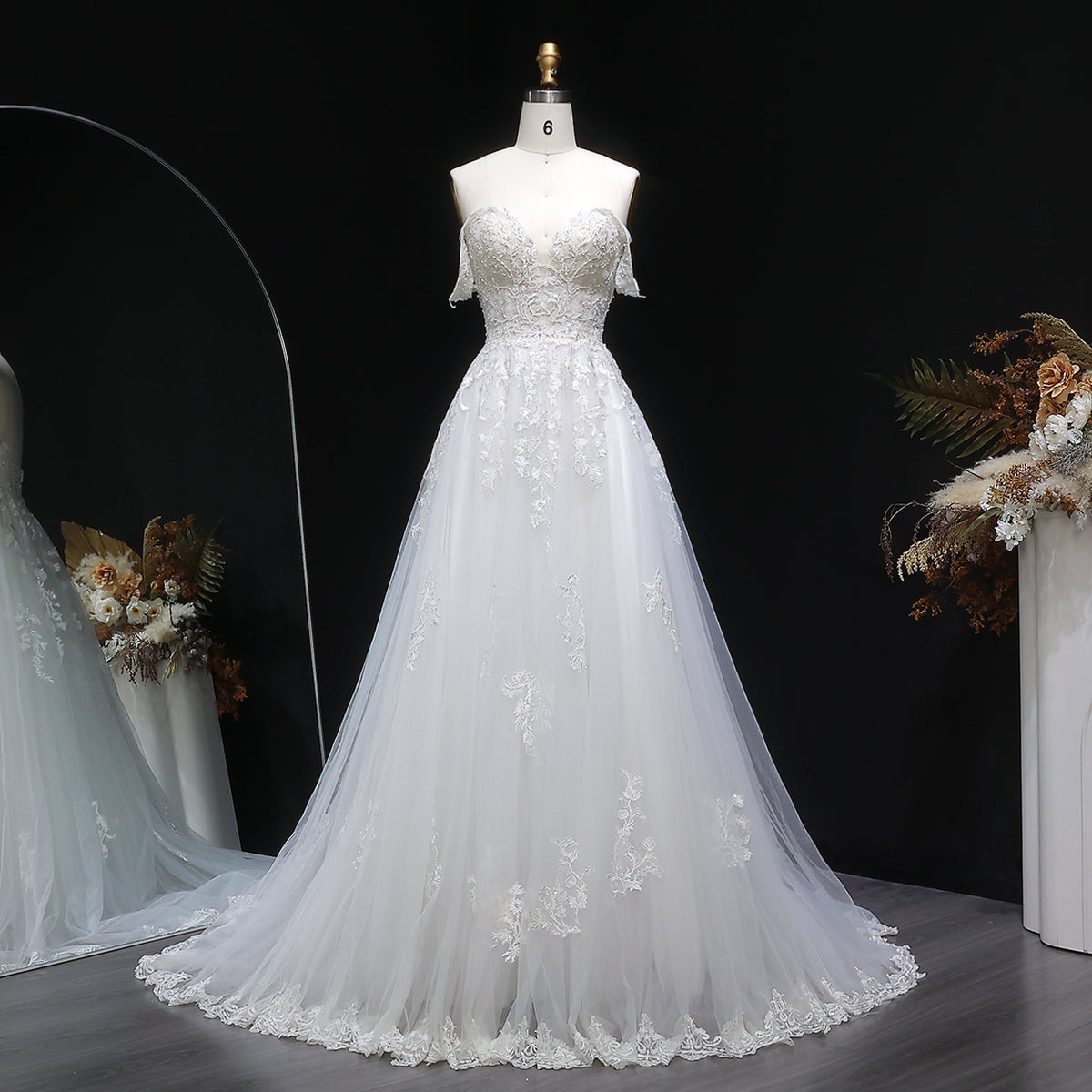 Trendy Strapless Embroidery Print Wedding Dress with Overskirt SW640