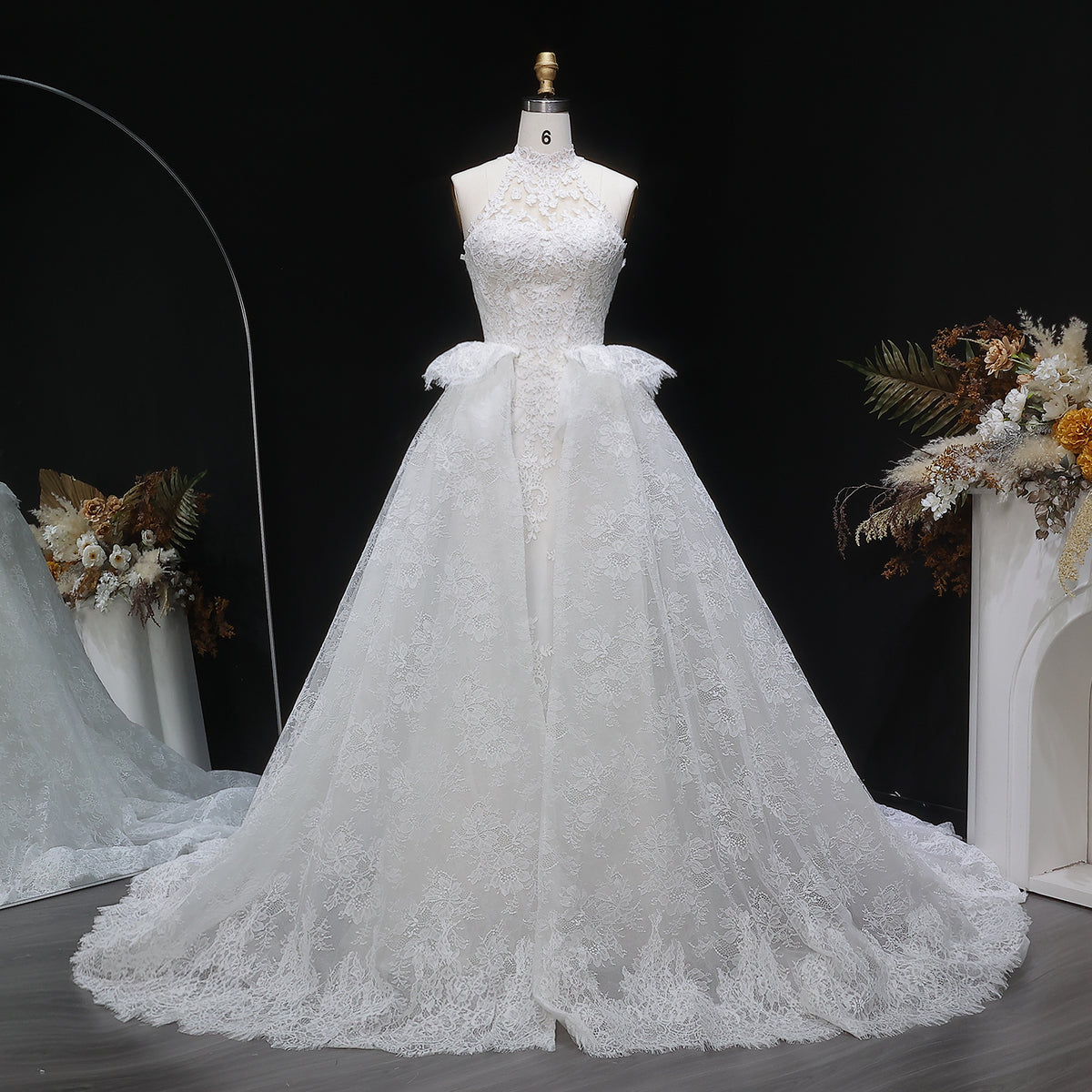 Luxury White Lace Embroidery A-Line Wedding Dress with Overskirt SW651