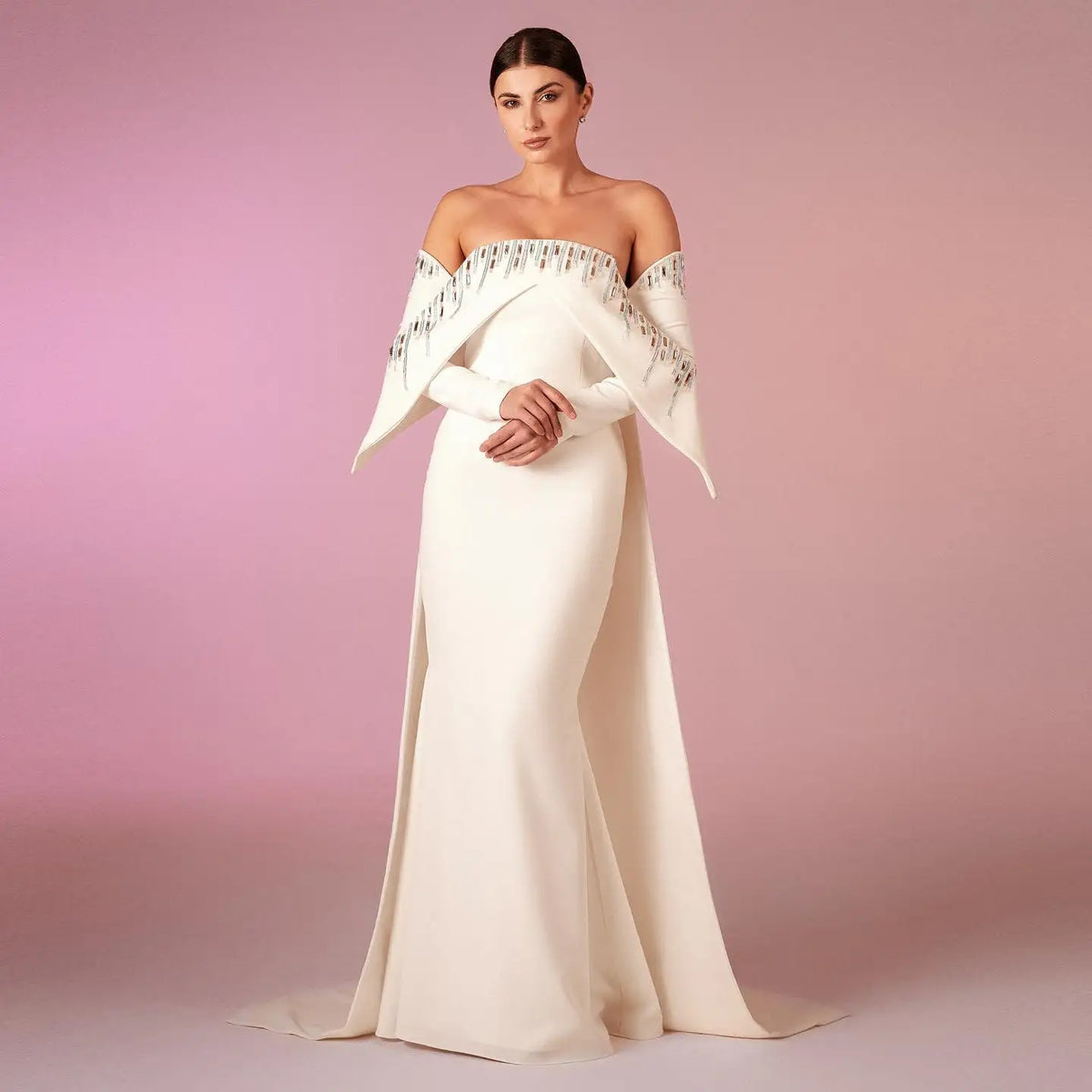 Elegant Off White Mermaid Evening Dress with Cape SF008
