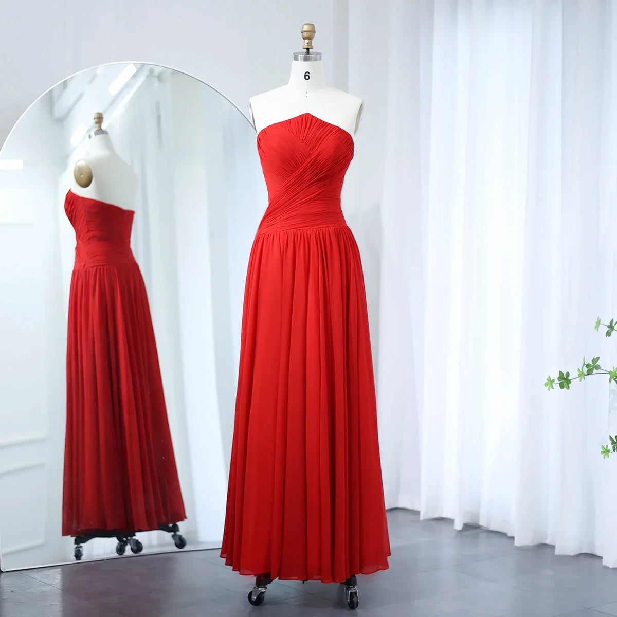 Elegant Red Chiffon A-Line Strapless Long Evening Dress with Slit SF141