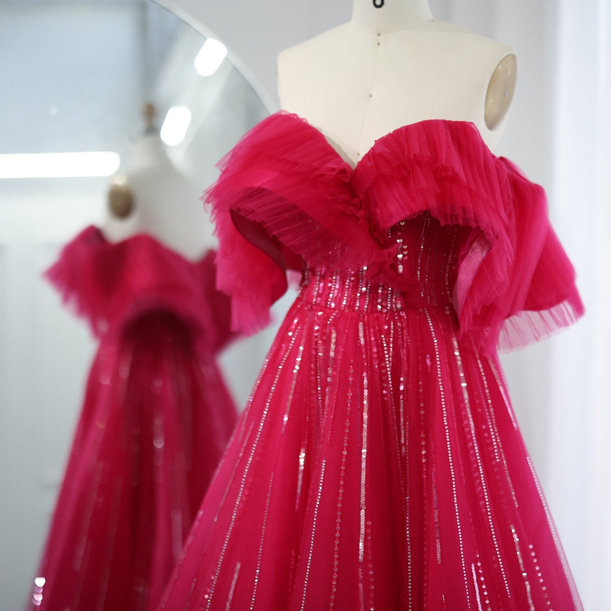 Dreamy Vow Luxury Dubai Ball Gown Fuchsia Evening Dress for Women Wedding 2023 Off Shoulder Arabic Celebrity Party Gown 390