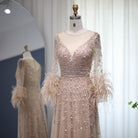 DreamyVow Elegant Champagne Feathers Long Sleeves Evening Dresses Luxury 2023 Dubai Beaded Muslim Women Wedding Formal Party Gowns 101