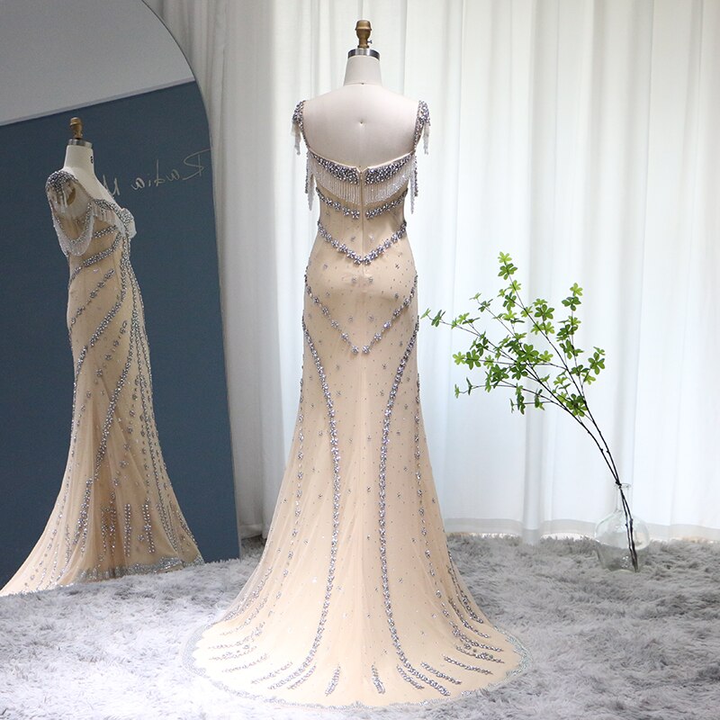 Dreamy Vow Kendall Jenner Nude Mermaid Luxury Dubai Evening Dresses 2023 Crystal Tassel Long Prom Graduation Party Gowns 358