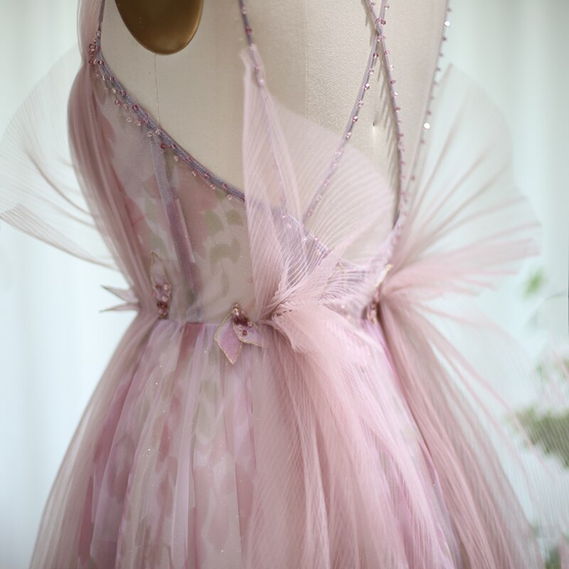 Dreamy Vow Lilac Floral Tulle Long Evening Dress 2023 Spaghetti Straps Backless Formal Prom Dresses for Wedding Party 236