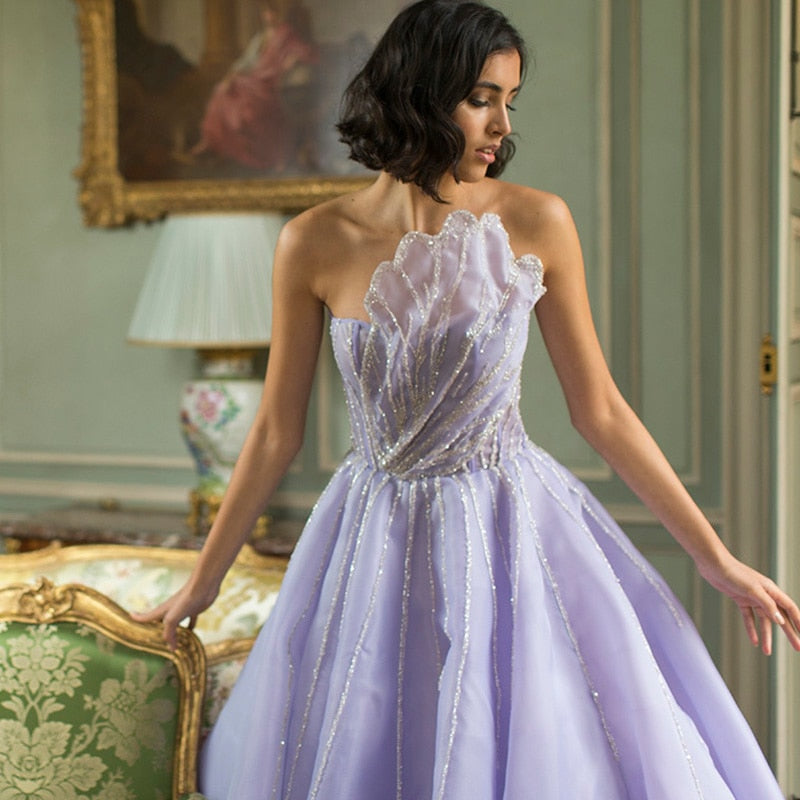 Dreamy Vow Luxury Dubai Beaded Lilac Evening Dress Elegant Scalloped Arabic Women Formal Prom Dresses for Wedding Party 247
