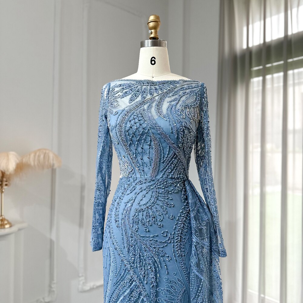 Dreamy Vow Luxury Dubai Blue Mermaid Muslim Evening Dress Overskirt Long Sleeve Plus Size Women Wedding Guest Party Gowns 141