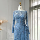 Dreamy Vow Luxury Dubai Blue Mermaid Muslim Evening Dress Overskirt Long Sleeve Plus Size Women Wedding Guest Party Gowns 141