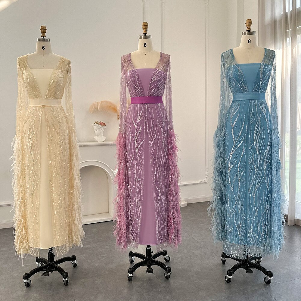 DreamyVow Luxury Dubai Feathers Light Yellow Evening Dresses with Cape Sleeves Arabic Purple Women Wedding Party Gowns 420