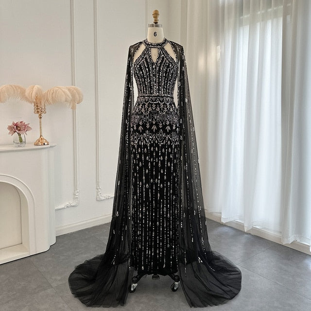 DreamyVow Luxury Dubai Mermaid Pink Evening Dresses with Cape Sleeves 2023 Arabic Women Wedding Guest Formal Party Gowns 361