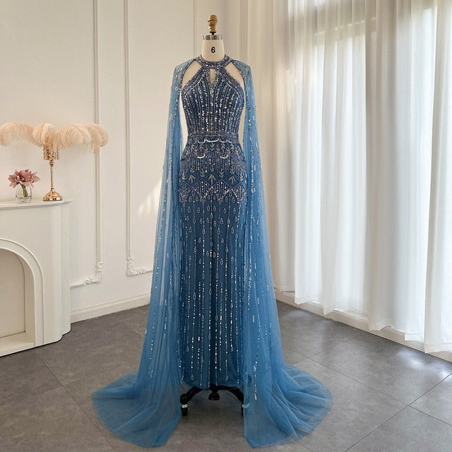DreamyVow Luxury Dubai Mermaid Pink Evening Dresses with Cape Sleeves 2023 Arabic Women Wedding Guest Formal Party Gowns 361