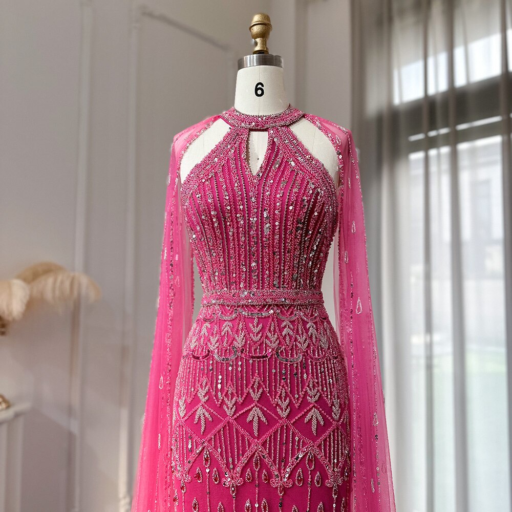 DreamyVow Luxury Dubai Mermaid Pink Evening Dresses with Cape Sleeves 2023 Arabic Women Wedding Guest Formal Party Gowns 361