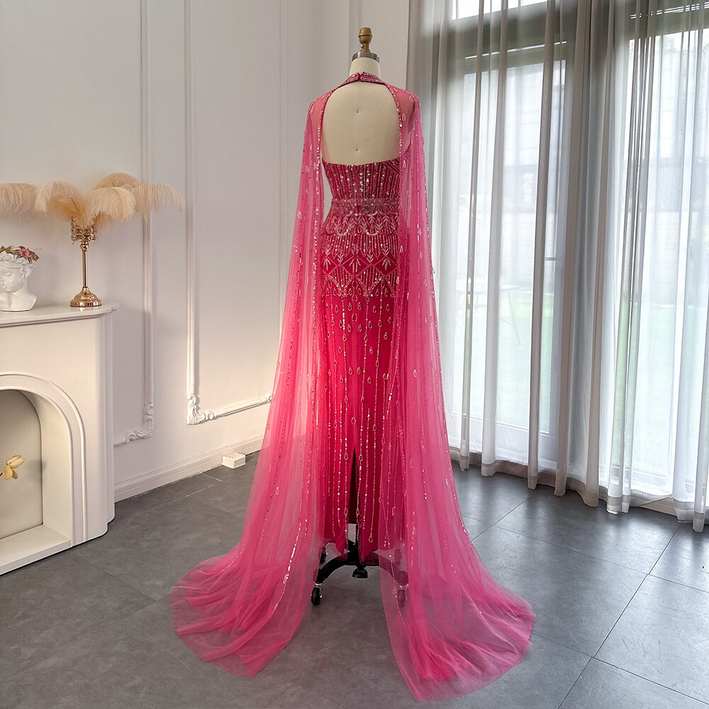 DreamyVow Luxury Dubai Mermaid Pink Evening Dresses with Cape Sleeves 2023 Arabic Women Wedding Guest Formal Party Gowns 361