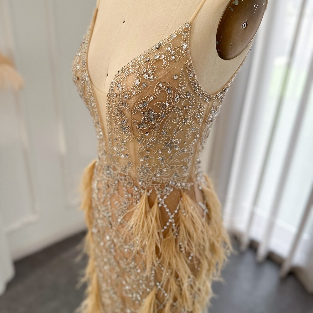 Dreamy Vow Luxury Feathers Mermaid Champagne Evening Dresses for Women Wedding 2023 Spaghetti Straps Prom Formal Gowns 374