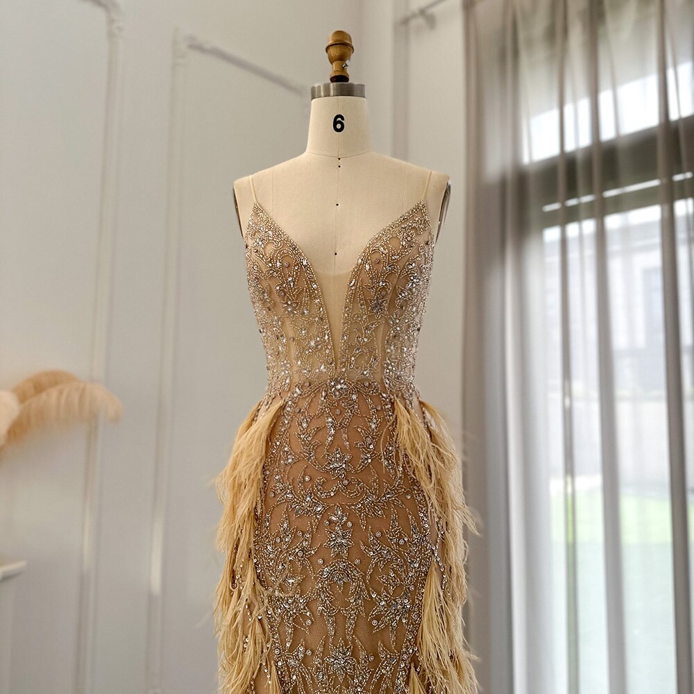 Dreamy Vow Luxury Feathers Mermaid Champagne Evening Dresses for Women Wedding 2023 Spaghetti Straps Prom Formal Gowns 374