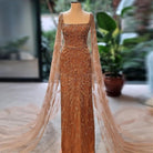Dreamy Vow Saudi Arabic Nude Pink Luxury Dubai Evening Dresses with Cape Sleeves Square Collar Women Wedding Party Gowns 497
