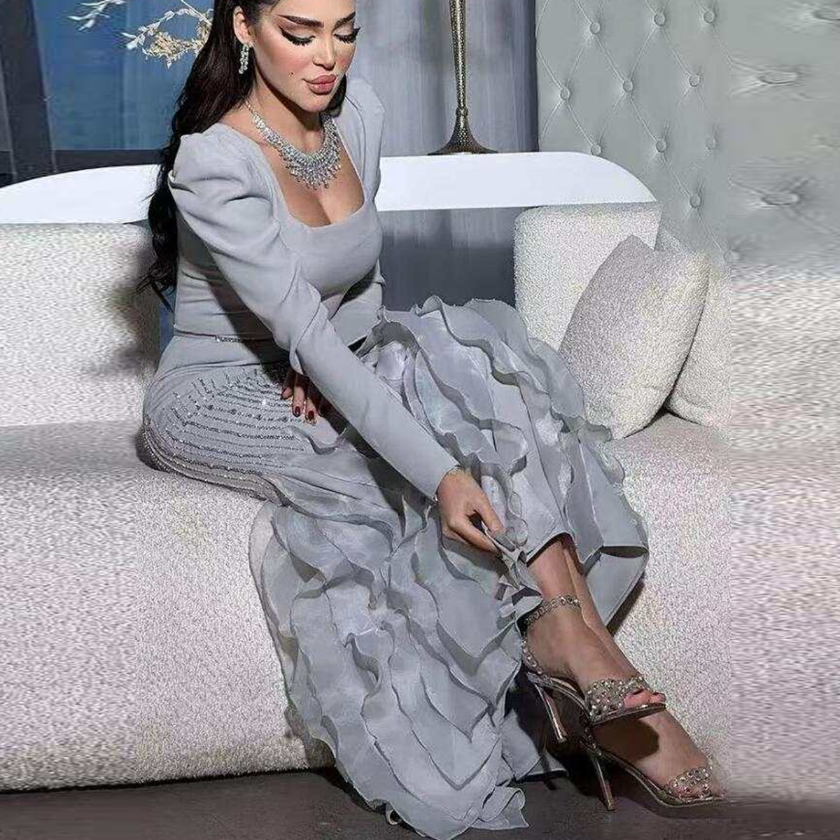 Luxury Gray Crystal Ruffled Long Sleeve Evening Dress XD039