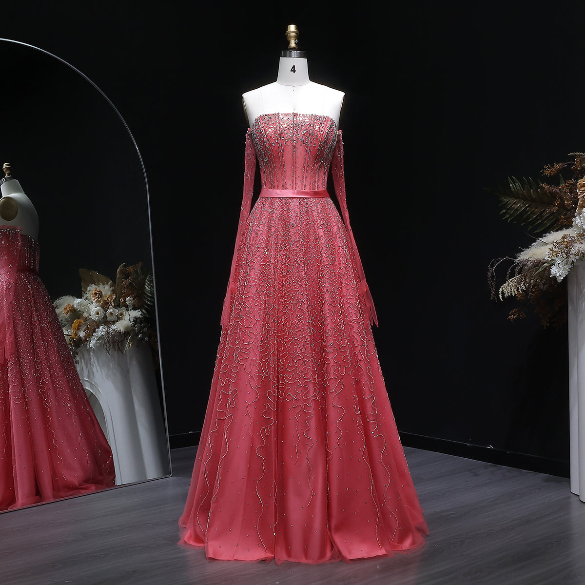 Luxury Watermelon Sequin Crystal Off Shoulder Evening Dress XD004