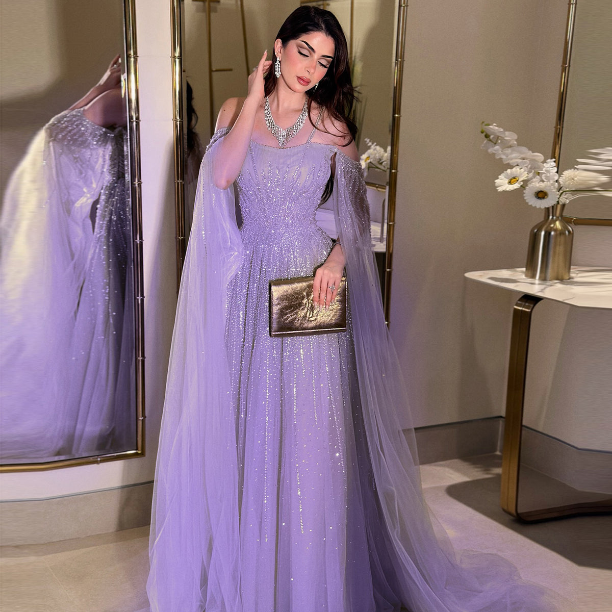 Chic Beaded Lilac Spaghetti-Strap Tulle Evening Dress XD024