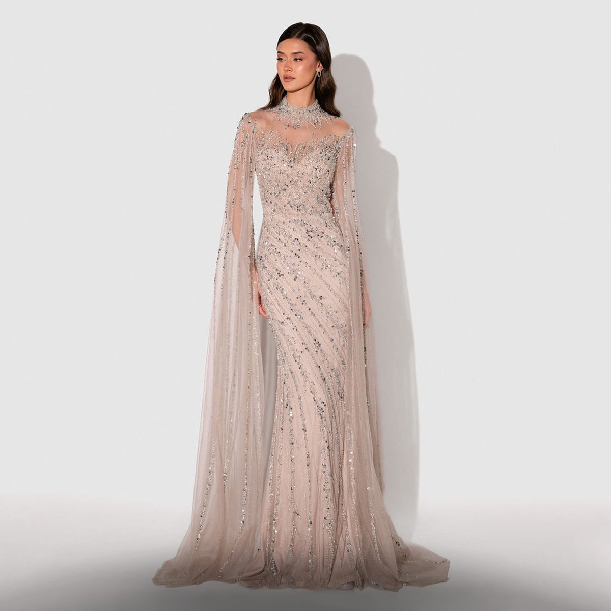 Luxury Black Nude Mermaid Evening Dresses with Cape Sleeves SS162