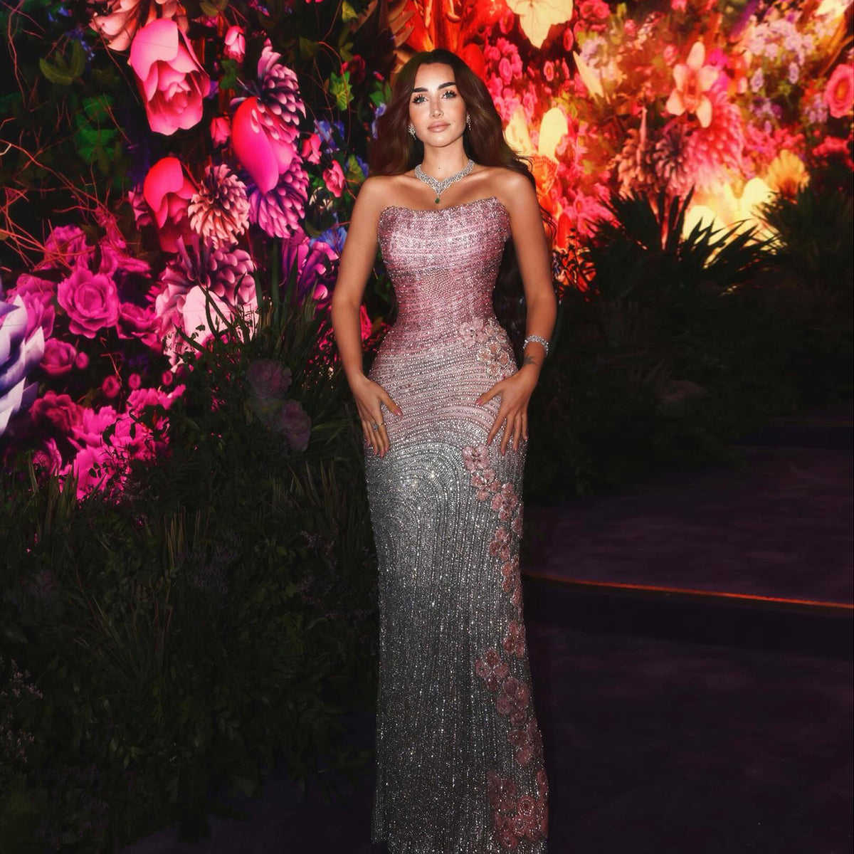 Glamorous Gradient Pink Silver Floral Sequin Mermaid Evening Dress with Scarf SS534