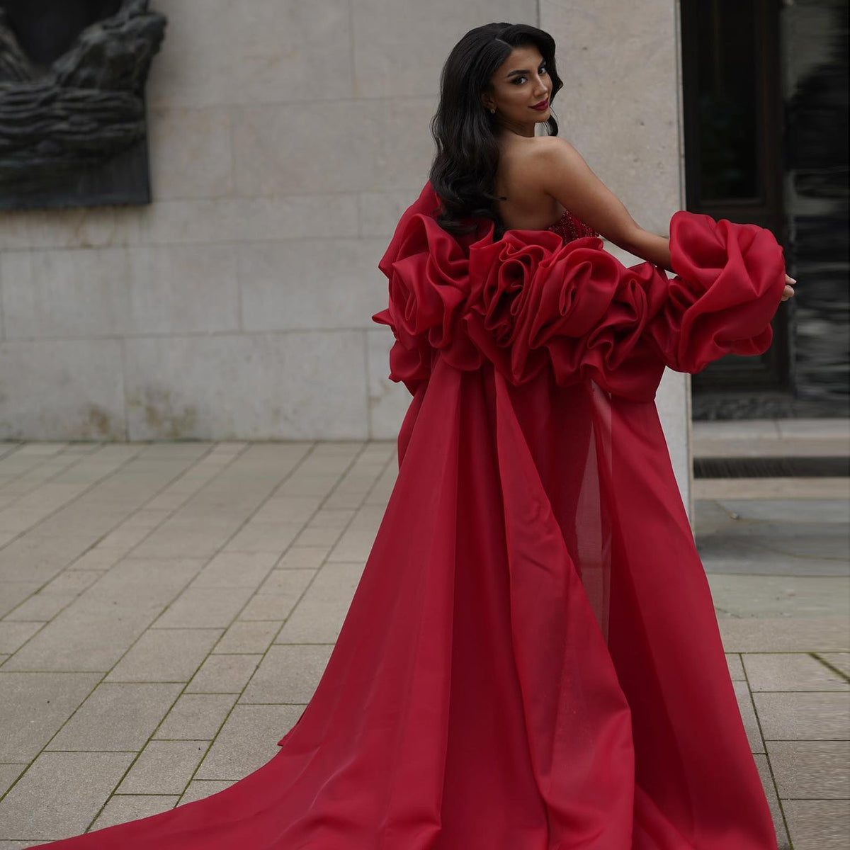 Luxury Pearl Red Evening Dress with 3D Flowers Cape SS585 – Sharon Said
