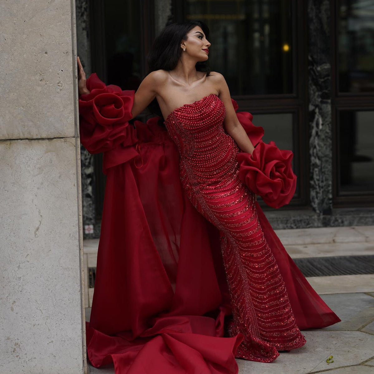 Luxury Pearl Red Evening Dress with 3D Flowers Cape SS585
