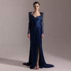 Luxury Crystal Long Sleeves Evening Dress with Overskirt and Slit SF409