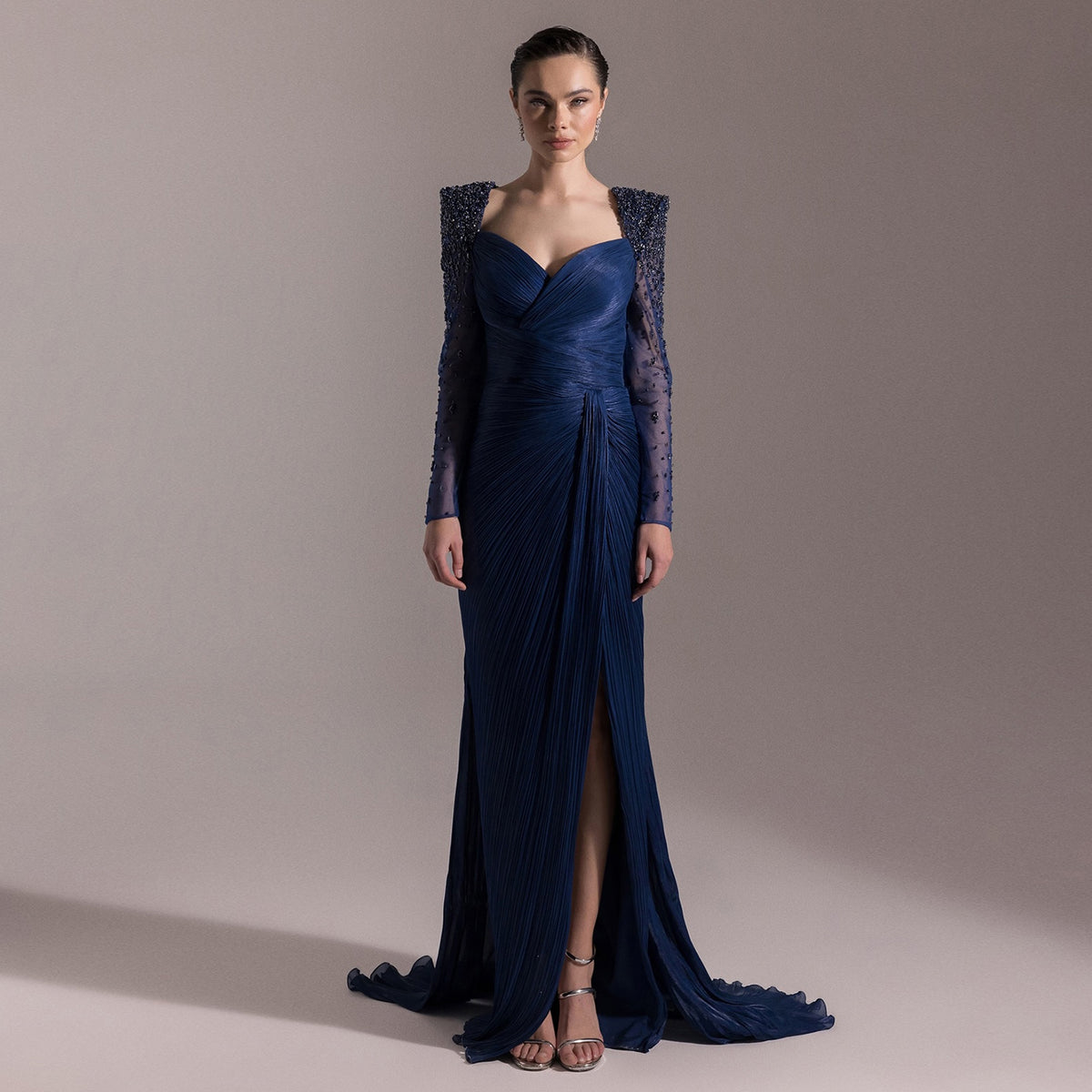 Luxury Crystal Long Sleeves Evening Dress with Overskirt and Slit SF409