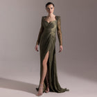 Luxury Crystal Long Sleeves Evening Dress with Overskirt and Slit SF409